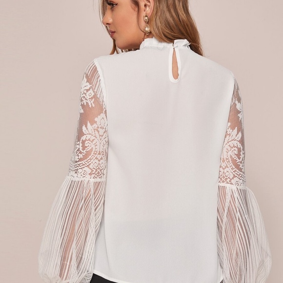 black mock neck lace sheer sleeve boho top - Picture 11 of 12